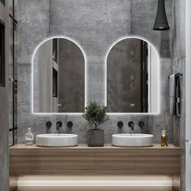 Specchio da bagno a LED senza cornice, anti-appannamento e dimmerabile, con forma ad arco