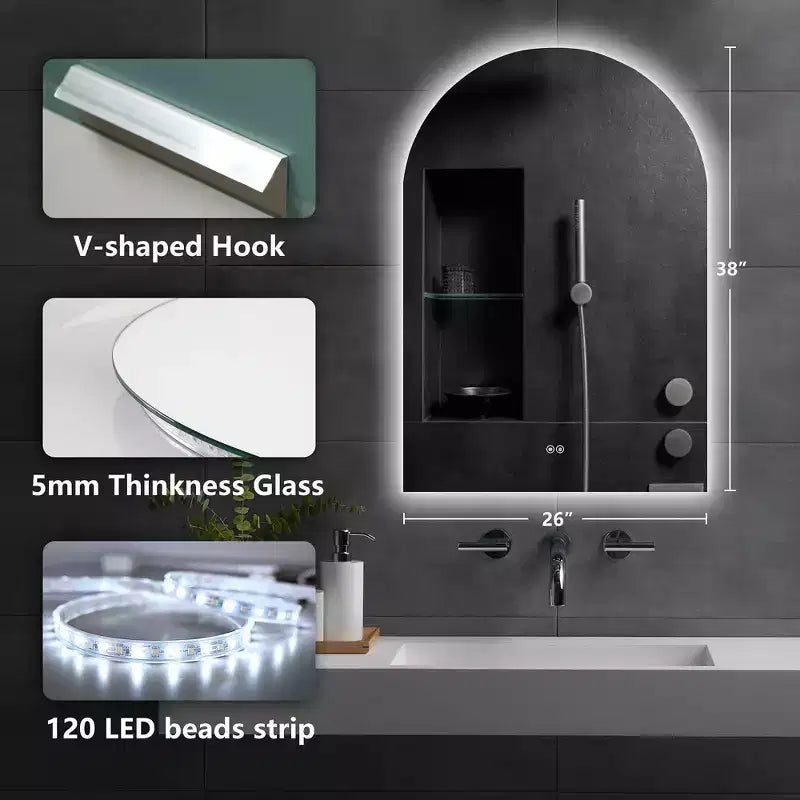 Specchio da bagno a LED senza cornice, anti-appannamento e dimmerabile, con forma ad arco