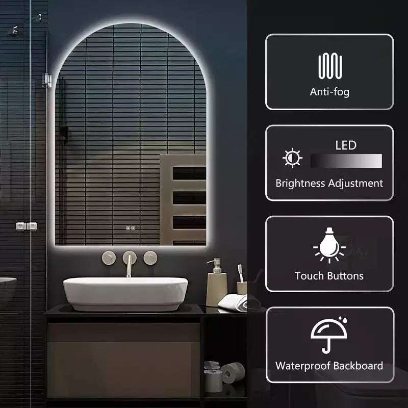Specchio da bagno a LED senza cornice, anti-appannamento e dimmerabile, con forma ad arco