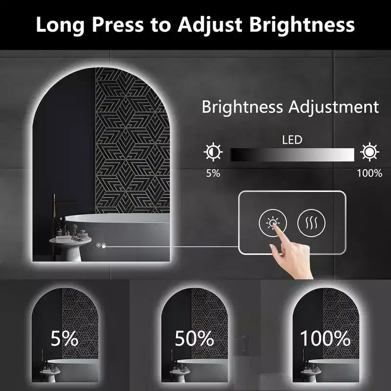 Specchio da bagno a LED senza cornice, anti-appannamento e dimmerabile, con forma ad arco