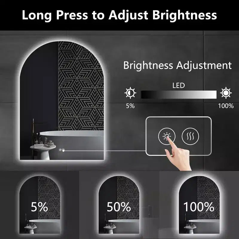 Specchio da bagno a LED senza cornice, anti-appannamento e dimmerabile, con forma ad arco