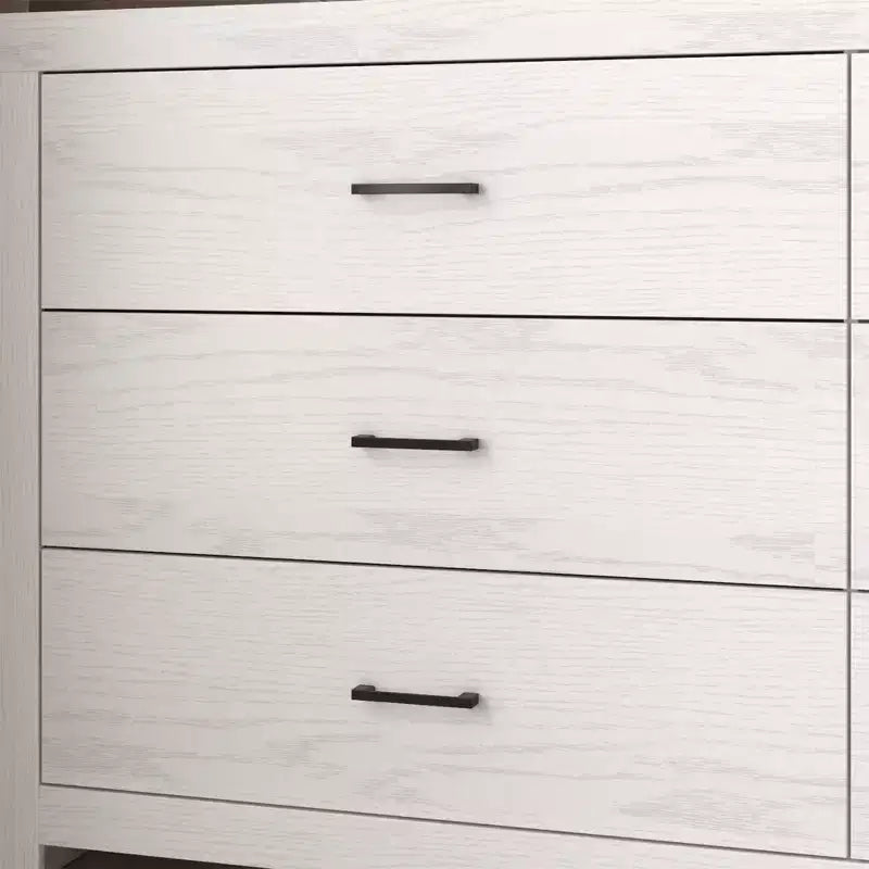 Cassettiera orizzontale a 6 cassetti con venature del legno e maniglie nere per l'arredamento del soggiorno