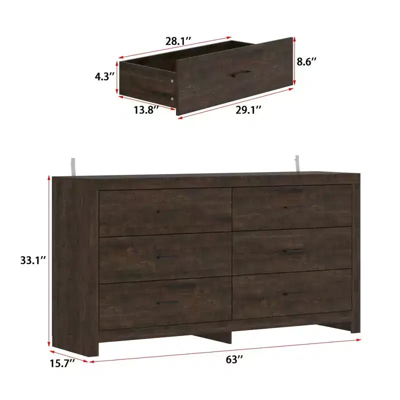Cassettiera orizzontale a 6 cassetti con venature del legno e maniglie nere per l'arredamento del soggiorno