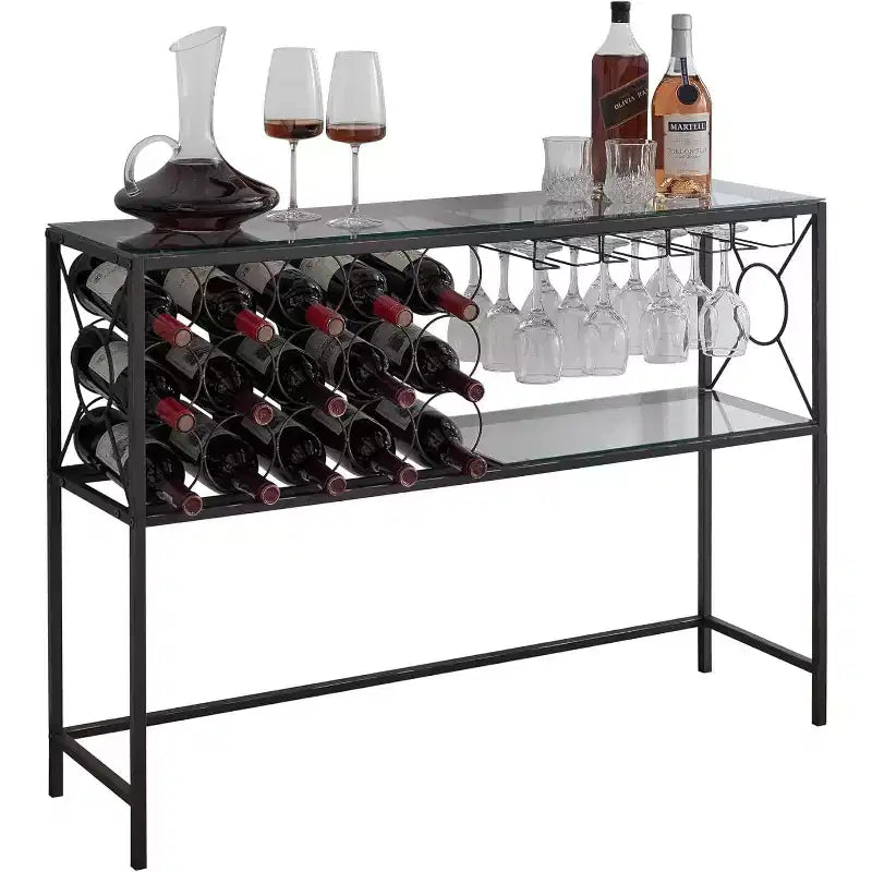 Tavolo Consolle da Divano con Portabottiglie, Mobile Bar con Scaffale per Vino e Portabicchieri, Bronzo/Vetro