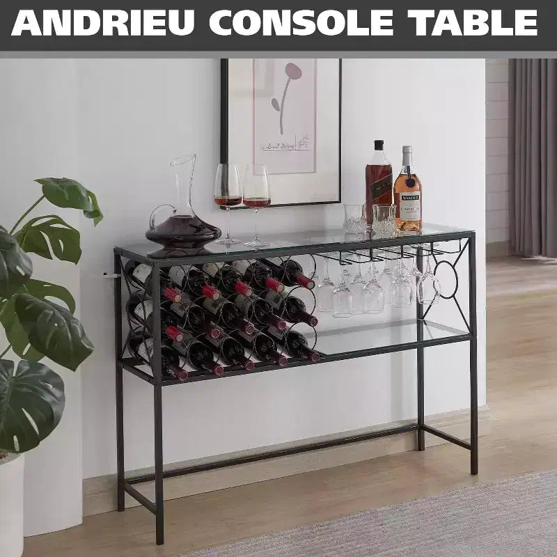 Tavolo Consolle da Divano con Portabottiglie, Mobile Bar con Scaffale per Vino e Portabicchieri, Bronzo/Vetro