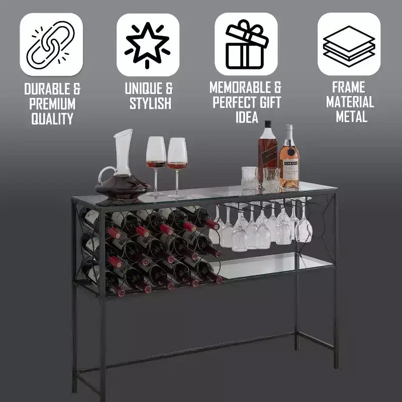 Tavolo Consolle da Divano con Portabottiglie, Mobile Bar con Scaffale per Vino e Portabicchieri, Bronzo/Vetro