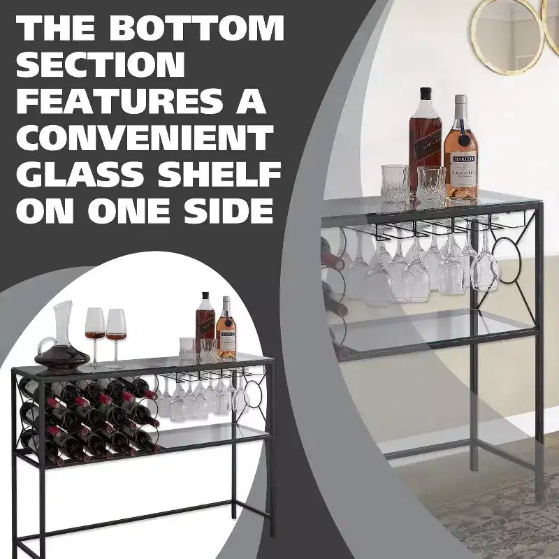 Tavolo Consolle da Divano con Portabottiglie, Mobile Bar con Scaffale per Vino e Portabicchieri, Bronzo/Vetro