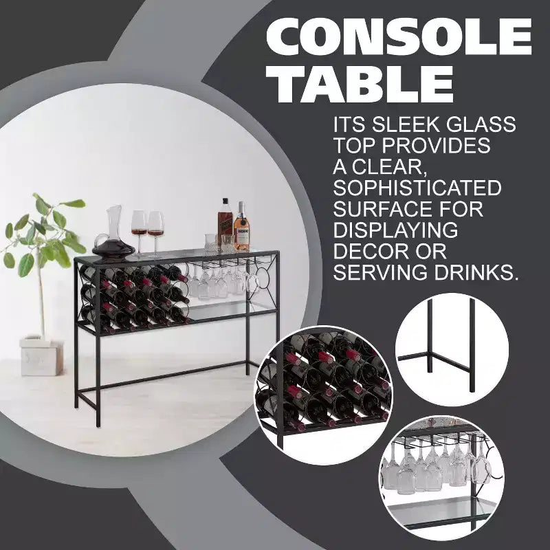 Tavolo Consolle da Divano con Portabottiglie, Mobile Bar con Scaffale per Vino e Portabicchieri, Bronzo/Vetro