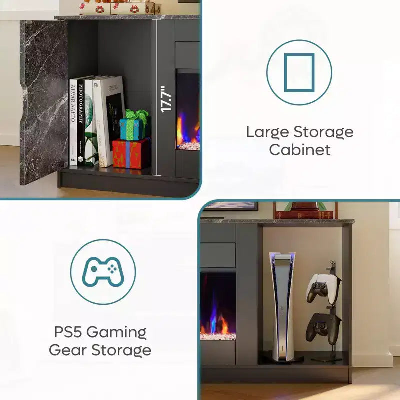 Mobile porta TV moderno con camino a LED da 70" per TV fino a 80", tavolino consolle per gaming PS5 con camino da 36" e armadietto per soggiorno
