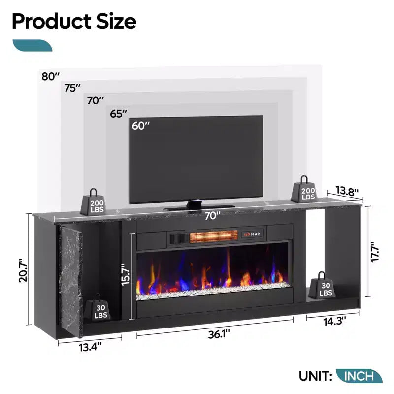 Mobile porta TV moderno con camino a LED da 70" per TV fino a 80", tavolino consolle per gaming PS5 con camino da 36" e armadietto per soggiorno