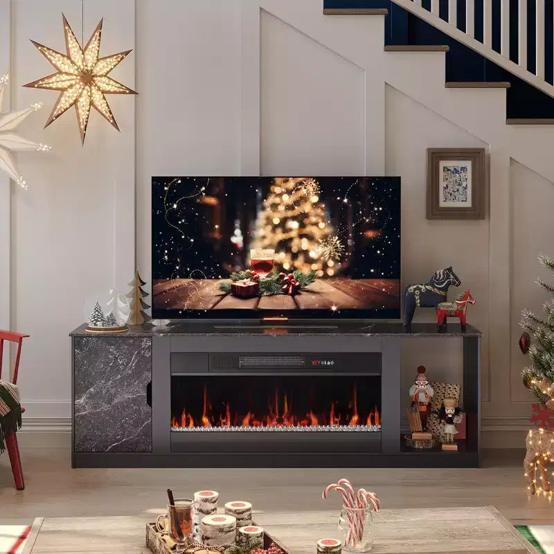 Mobile porta TV moderno con camino a LED da 70" per TV fino a 80", tavolino consolle per gaming PS5 con camino da 36" e armadietto per soggiorno