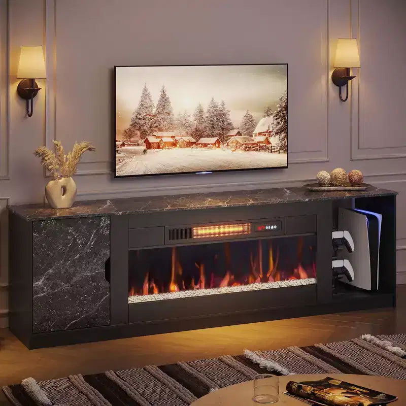 Mobile porta TV moderno con camino a LED da 70" per TV fino a 80", tavolino consolle per gaming PS5 con camino da 36" e armadietto per soggiorno