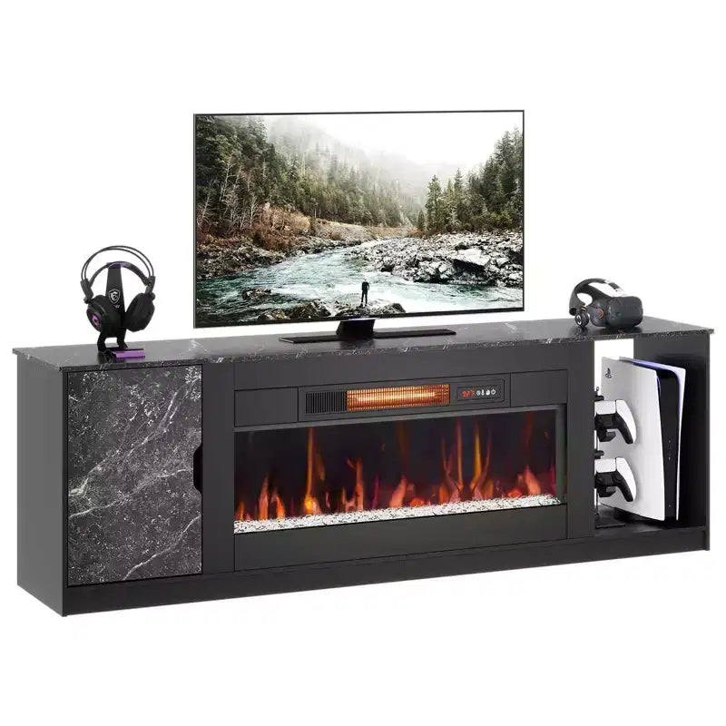 Mobile porta TV moderno con camino a LED da 70" per TV fino a 80", tavolino consolle per gaming PS5 con camino da 36" e armadietto per soggiorno
