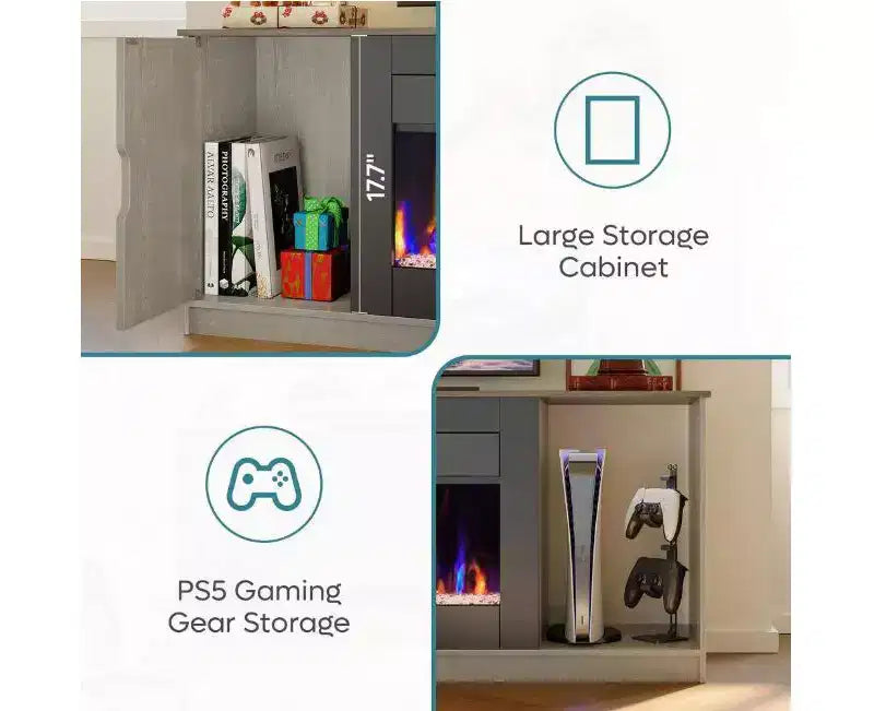 Mobile porta TV moderno con camino a LED da 70" per TV fino a 80", tavolino consolle per gaming PS5 con camino da 36" e armadietto per soggiorno