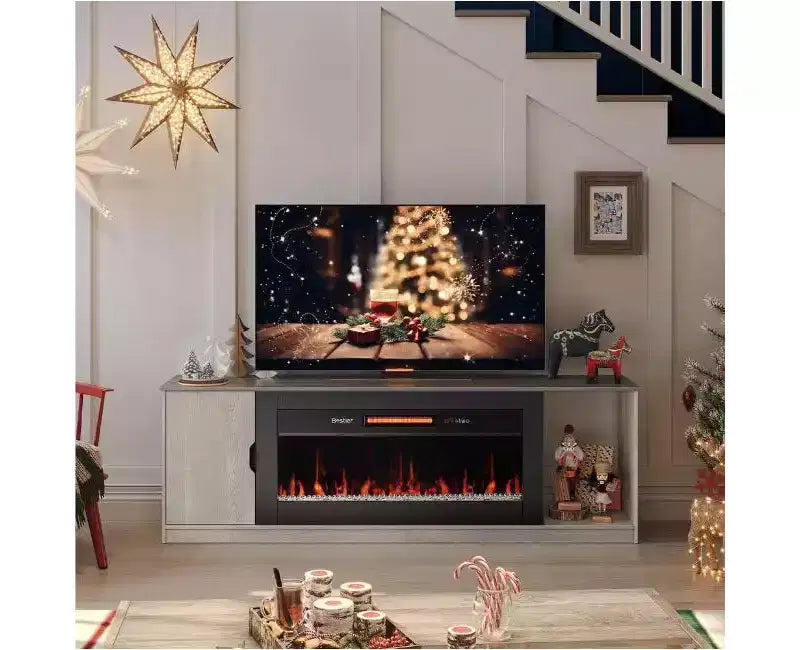 Mobile porta TV moderno con camino a LED da 70" per TV fino a 80", tavolino consolle per gaming PS5 con camino da 36" e armadietto per soggiorno