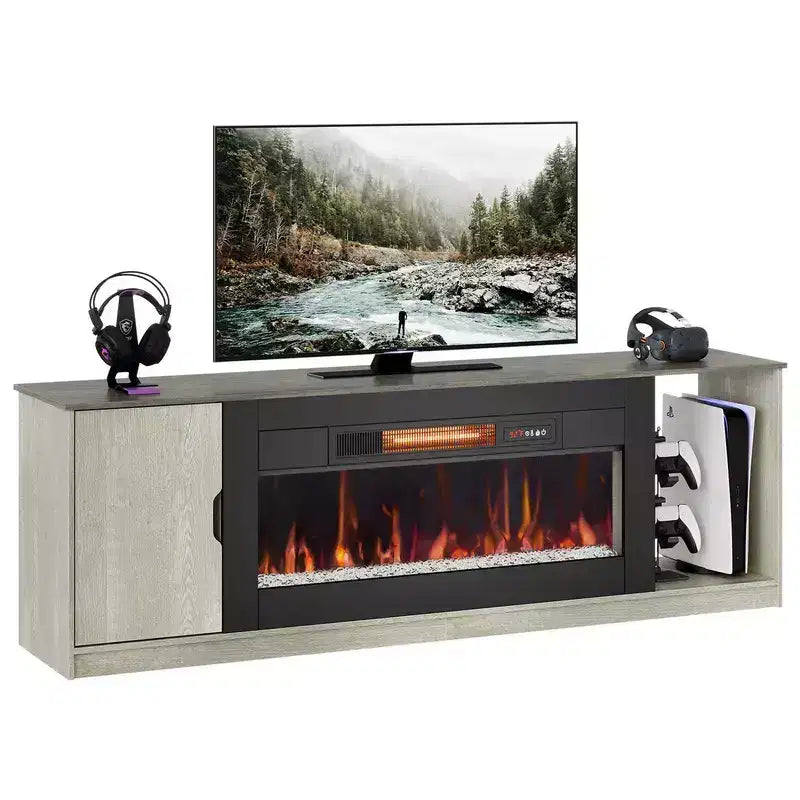 Mobile porta TV moderno con camino a LED da 70" per TV fino a 80", tavolino consolle per gaming PS5 con camino da 36" e armadietto per soggiorno