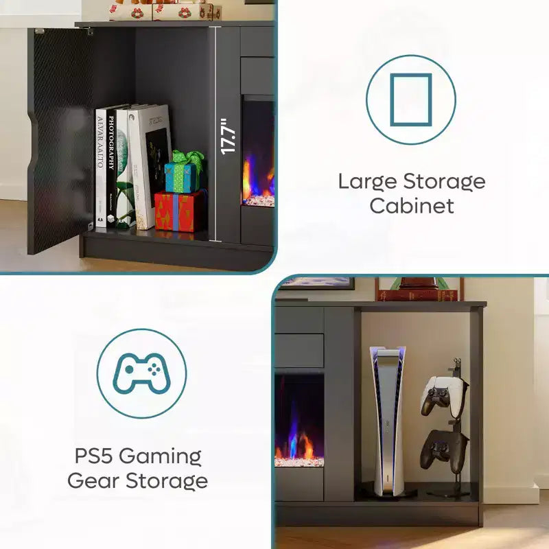 Mobile porta TV moderno con camino a LED da 70" per TV fino a 80", tavolino consolle per gaming PS5 con camino da 36" e armadietto per soggiorno