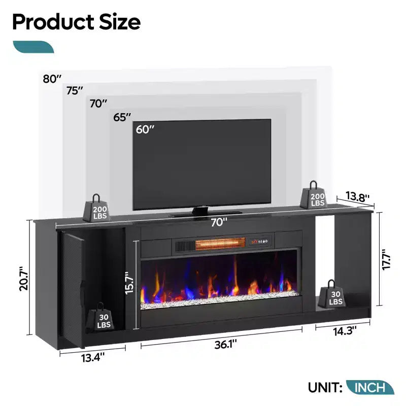 Mobile porta TV moderno con camino a LED da 70" per TV fino a 80", tavolino consolle per gaming PS5 con camino da 36" e armadietto per soggiorno