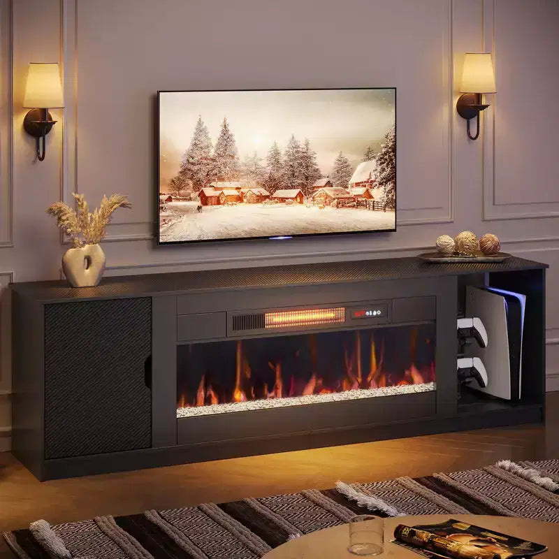 Mobile porta TV moderno con camino a LED da 70" per TV fino a 80", tavolino consolle per gaming PS5 con camino da 36" e armadietto per soggiorno