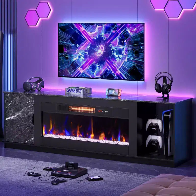 Mobile porta TV moderno con camino a LED da 70" per TV fino a 80", tavolino consolle per gaming PS5 con camino da 36" e armadietto per soggiorno