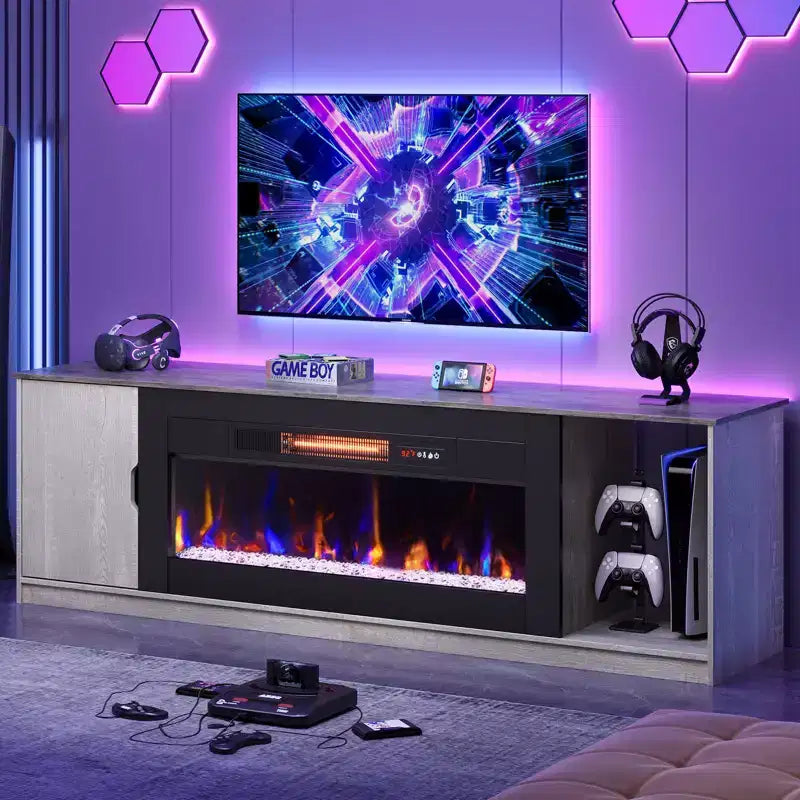 Mobile porta TV moderno con camino a LED da 70" per TV fino a 80", tavolino consolle per gaming PS5 con camino da 36" e armadietto per soggiorno