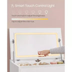 Comò a 5 cassetti con specchio per trucco e luci regolabili Touch Control, cassettiera moderna per camera da letto, mobile contenitore robusto, bianco neve