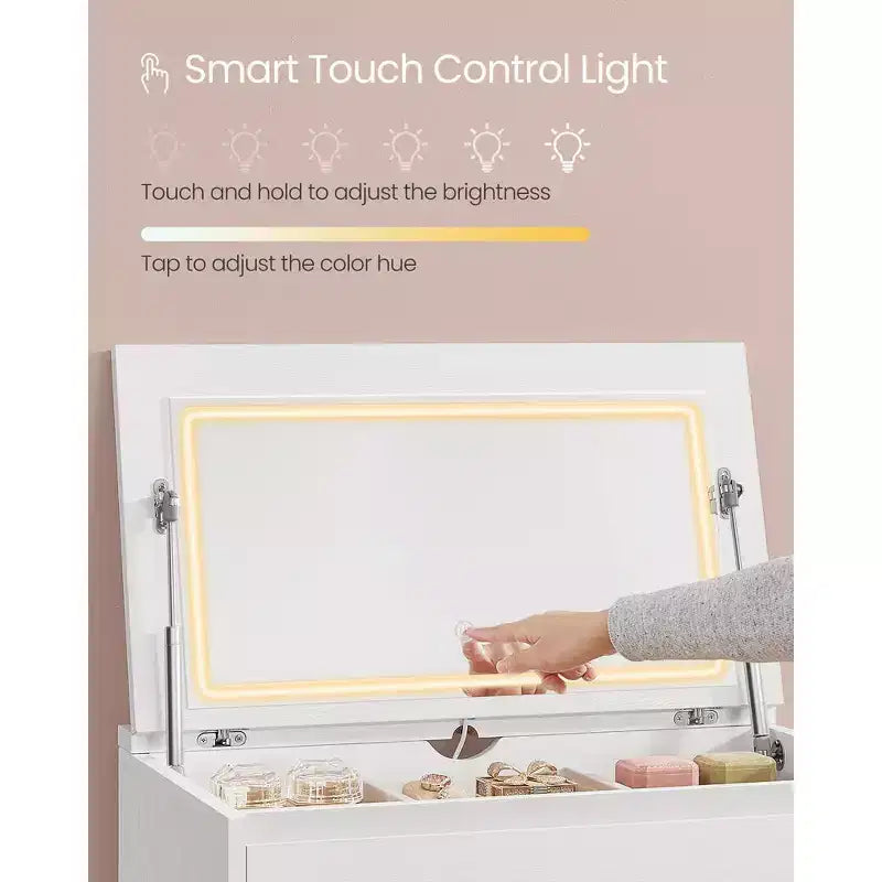 Comò a 5 cassetti con specchio per trucco e luci regolabili Touch Control, cassettiera moderna per camera da letto, mobile contenitore robusto, bianco neve