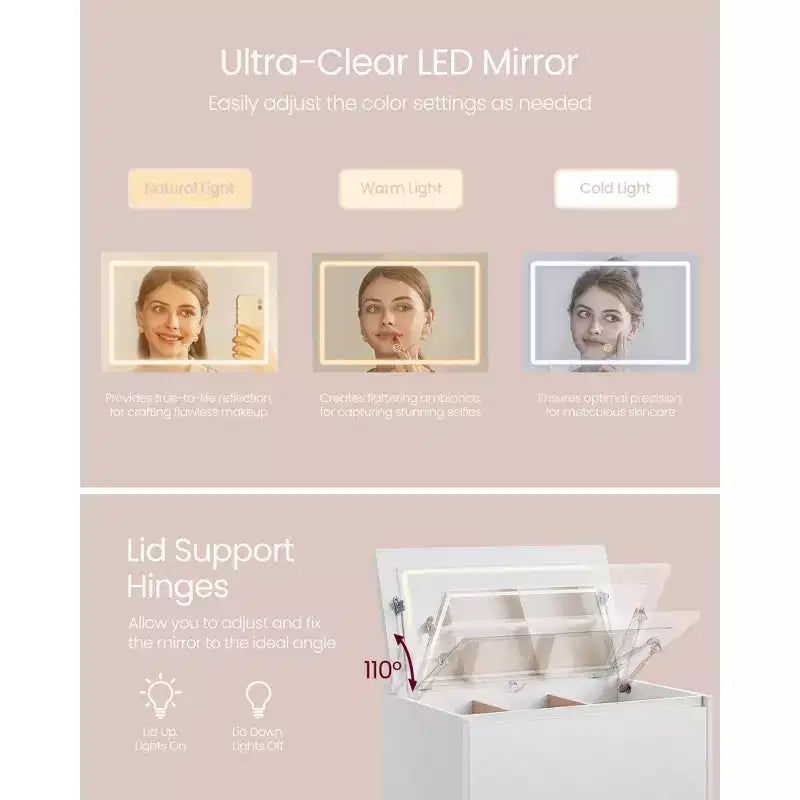 Comò a 5 cassetti con specchio per trucco e luci regolabili Touch Control, cassettiera moderna per camera da letto, mobile contenitore robusto, bianco neve