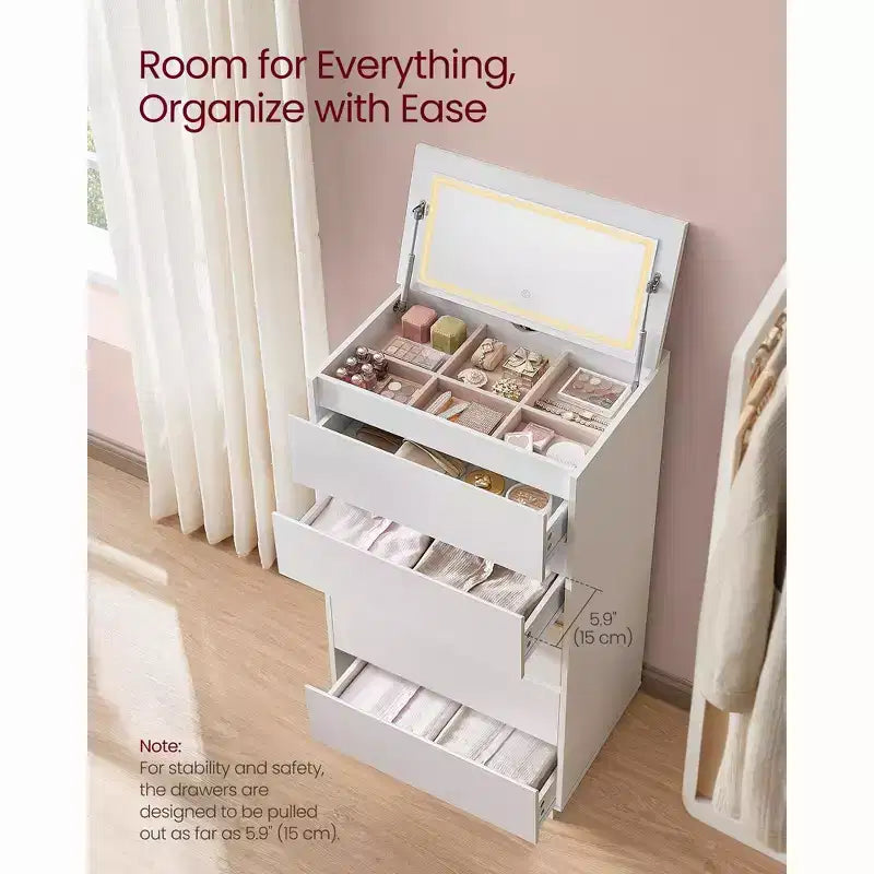 Comò a 5 cassetti con specchio per trucco e luci regolabili Touch Control, cassettiera moderna per camera da letto, mobile contenitore robusto, bianco neve