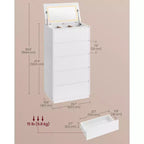 Comò a 5 cassetti con specchio per trucco e luci regolabili Touch Control, cassettiera moderna per camera da letto, mobile contenitore robusto, bianco neve