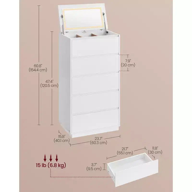 Comò a 5 cassetti con specchio per trucco e luci regolabili Touch Control, cassettiera moderna per camera da letto, mobile contenitore robusto, bianco neve