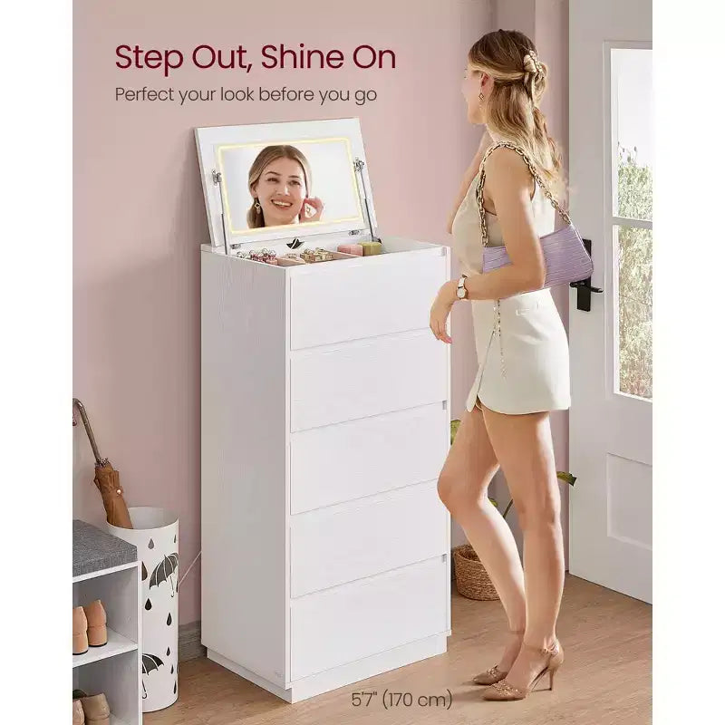 Comò a 5 cassetti con specchio per trucco e luci regolabili Touch Control, cassettiera moderna per camera da letto, mobile contenitore robusto, bianco neve