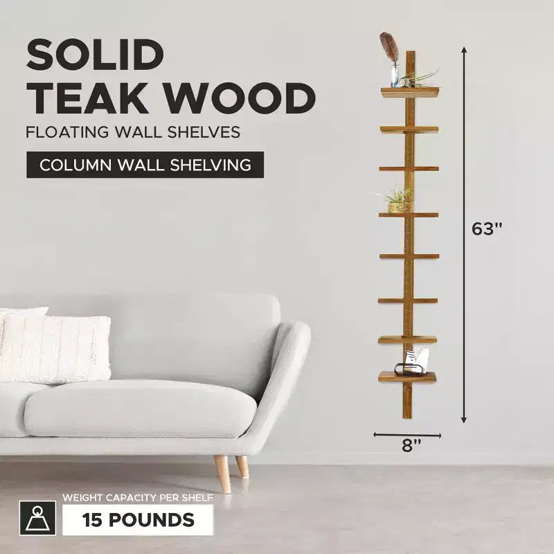 Scaffalatura a colonna a muro flottante a 8 ripiani, Takara Large, legno di teak