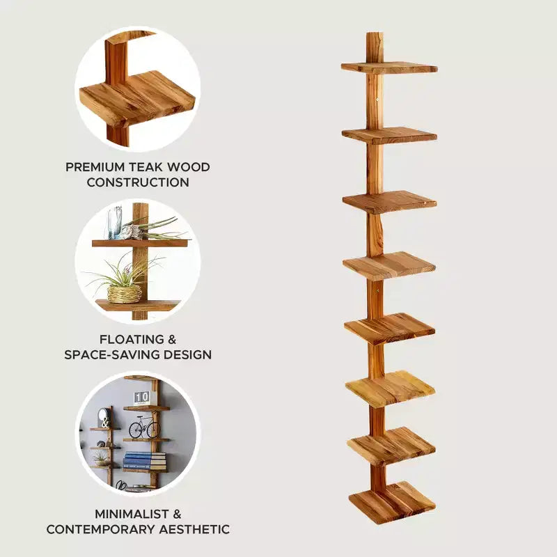 Scaffalatura a colonna a muro flottante a 8 ripiani, Takara Large, legno di teak