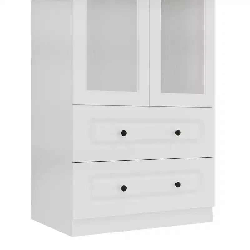 Armadio in legno bianco da 80 cm con 2 cassetti e 2 ante in vetro
