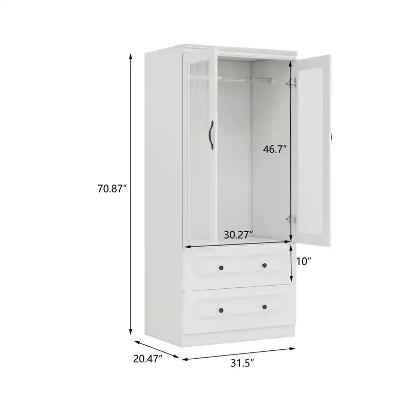 Armadio in legno bianco da 80 cm con 2 cassetti e 2 ante in vetro