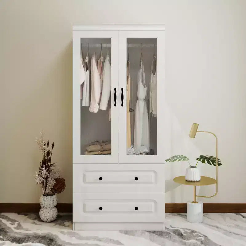 Armadio in legno bianco da 80 cm con 2 cassetti e 2 ante in vetro