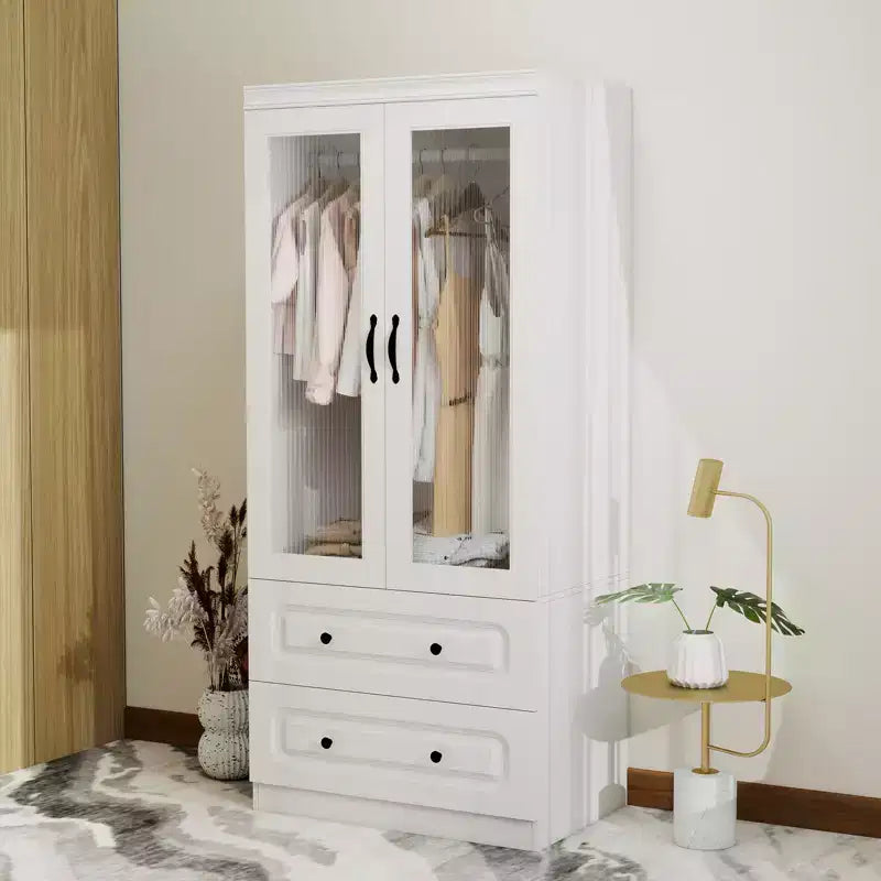 Armadio in legno bianco da 80 cm con 2 cassetti e 2 ante in vetro