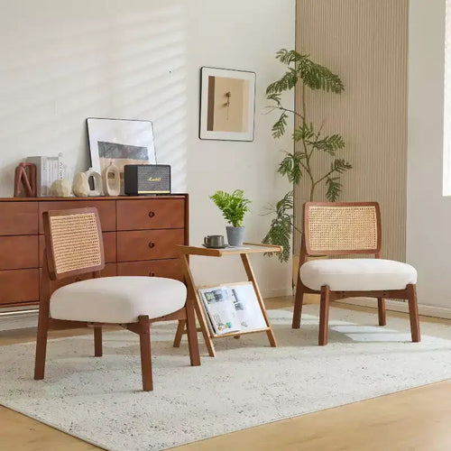 Sedia d'accento in 2 pezzi, Poltrona lounge moderna con schienale intrecciato, per soggiorno, camera da letto, Beige