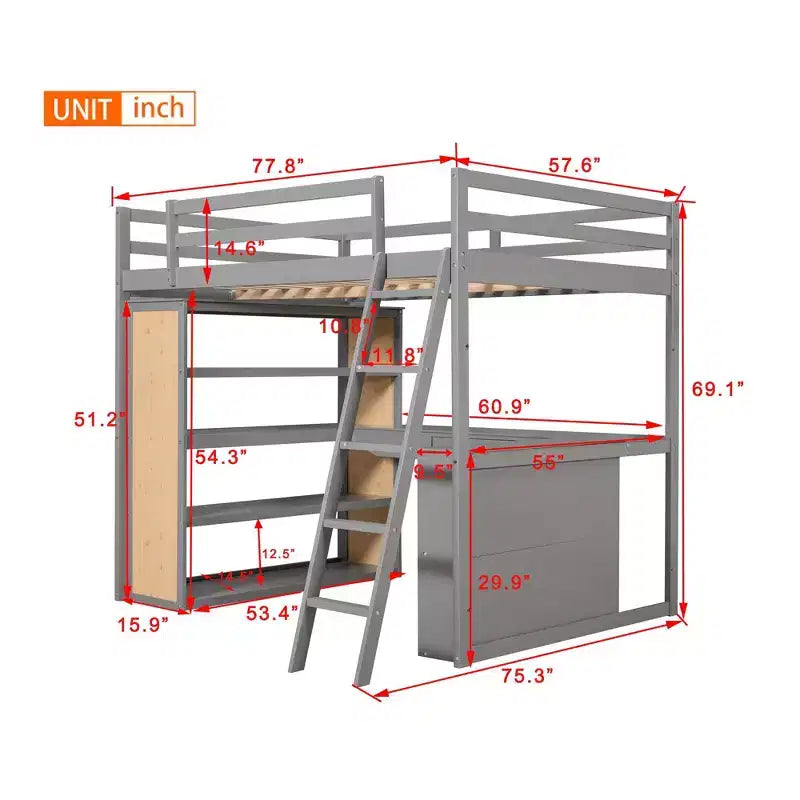 Letto a soppalco matrimoniale da 77,8"L x 75,3"W con scala, mensole e scrivania