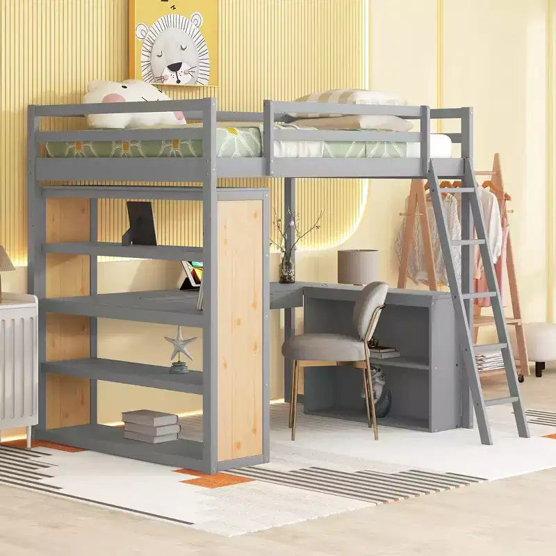 Letto a soppalco matrimoniale da 77,8"L x 75,3"W con scala, mensole e scrivania