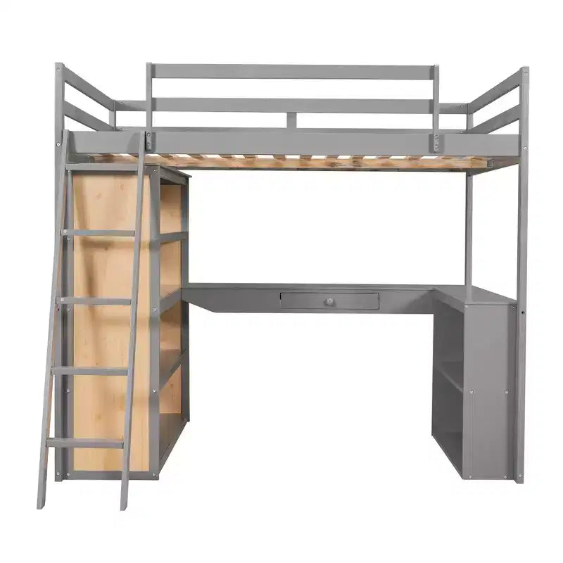 Letto a soppalco matrimoniale da 77,8"L x 75,3"W con scala, mensole e scrivania