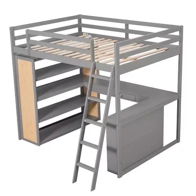 Letto a soppalco matrimoniale da 77,8"L x 75,3"W con scala, mensole e scrivania