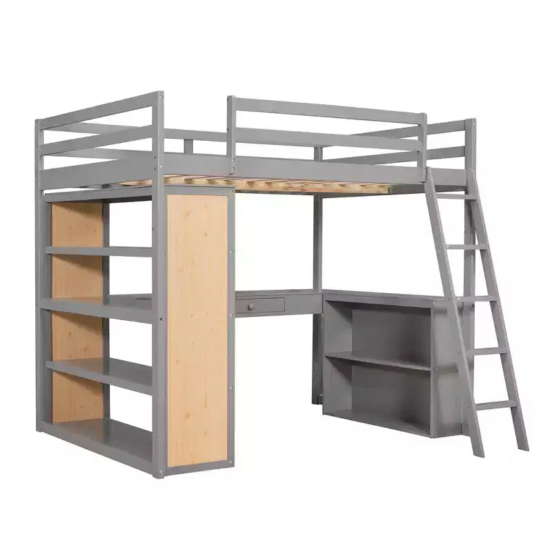 Letto a soppalco matrimoniale da 77,8"L x 75,3"W con scala, mensole e scrivania