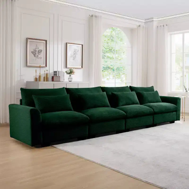 Divani a 4 posti con seduta profonda, divani moderni per soggiorno in velluto a coste beige, design confortevole con 4 cuscini lombari
