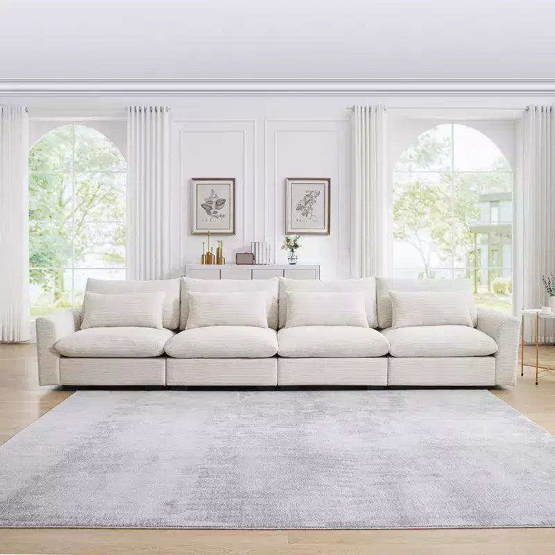 Divani a 4 posti con seduta profonda, divani moderni per soggiorno in velluto a coste beige, design confortevole con 4 cuscini lombari