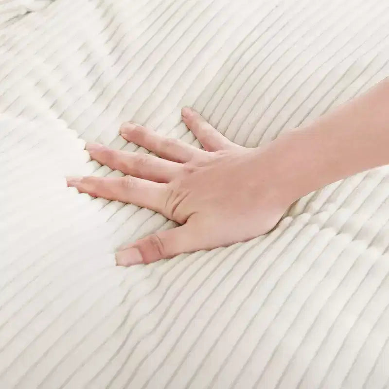 Divani a 4 posti con seduta profonda, divani moderni per soggiorno in velluto a coste beige, design confortevole con 4 cuscini lombari