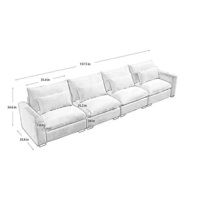 Divani a 4 posti con seduta profonda, divani moderni per soggiorno in velluto a coste beige, design confortevole con 4 cuscini lombari
