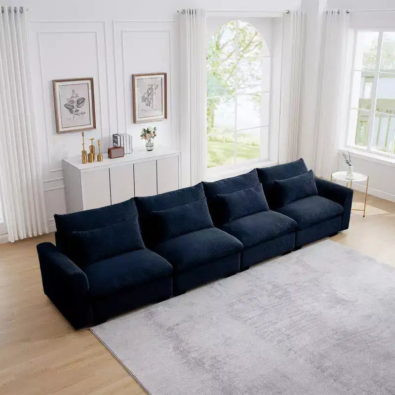 Divani a 4 posti con seduta profonda, divani moderni per soggiorno in velluto a coste beige, design confortevole con 4 cuscini lombari