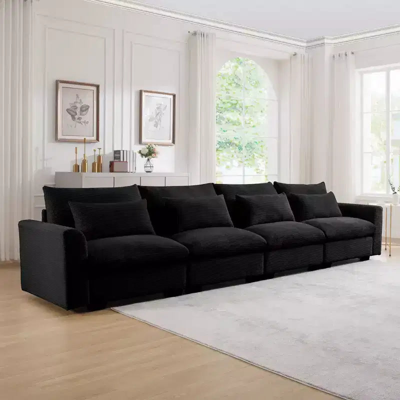 Divani a 4 posti con seduta profonda, divani moderni per soggiorno in velluto a coste beige, design confortevole con 4 cuscini lombari